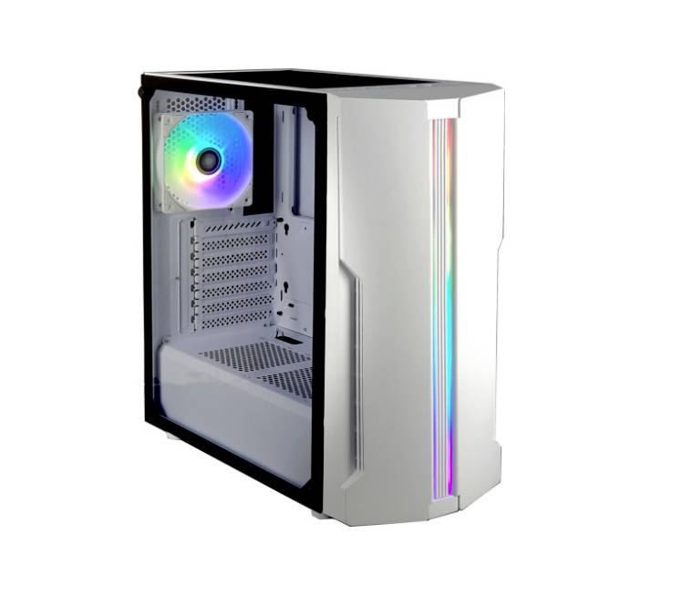Kućište računala sa staklenom stranicom, RGB ventilatorima i vertikalnim RGB trakama na prednjoj strani. Unutrašnjost je prazna.