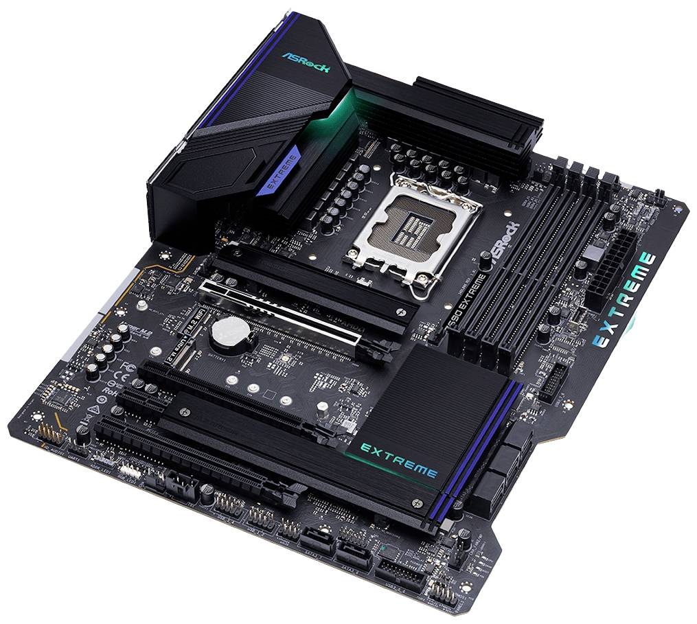 Matična ploča s više elektroničkih komponenata i utorima, natpis 'EXTREME' gore desno. Sadrži socket za CPU.