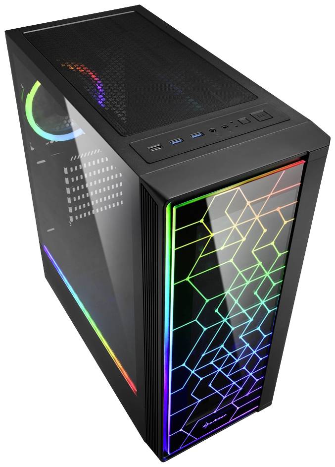 Crno kućište računala s obojenim LED lampicama u geometrijskim uzorcima na prednjoj strani, USB priključci gore.