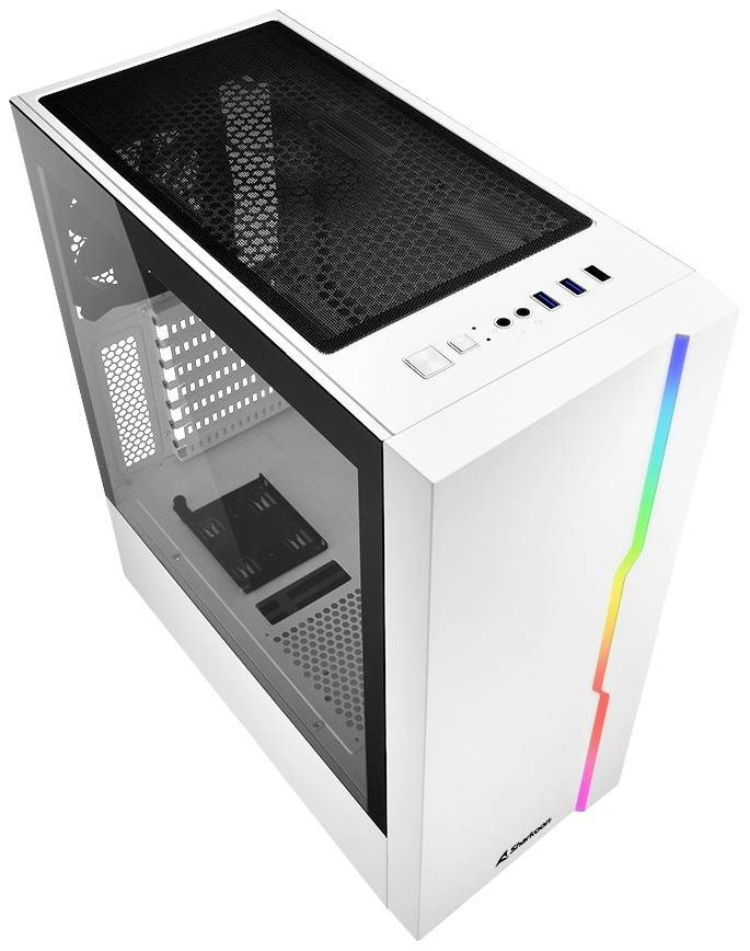 Bijelo kućište računala s prozirnim bočnim prozorom, šarenim LED trakom na prednjoj strani i nekoliko USB priključaka na vrhu.