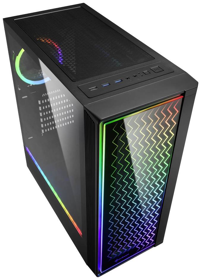 Crno kućište računala s RGB osvjetljenjem koje na prednjoj strani svijetli u cik-cak uzorku; USB priključci na vrhu.