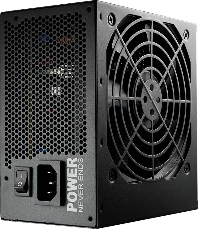 Napajanje u crenom kućištu s rešetkom ventilatora i prekidačem. Sa strane je vidljiv natpis 'POWER NEVER ENDS'.