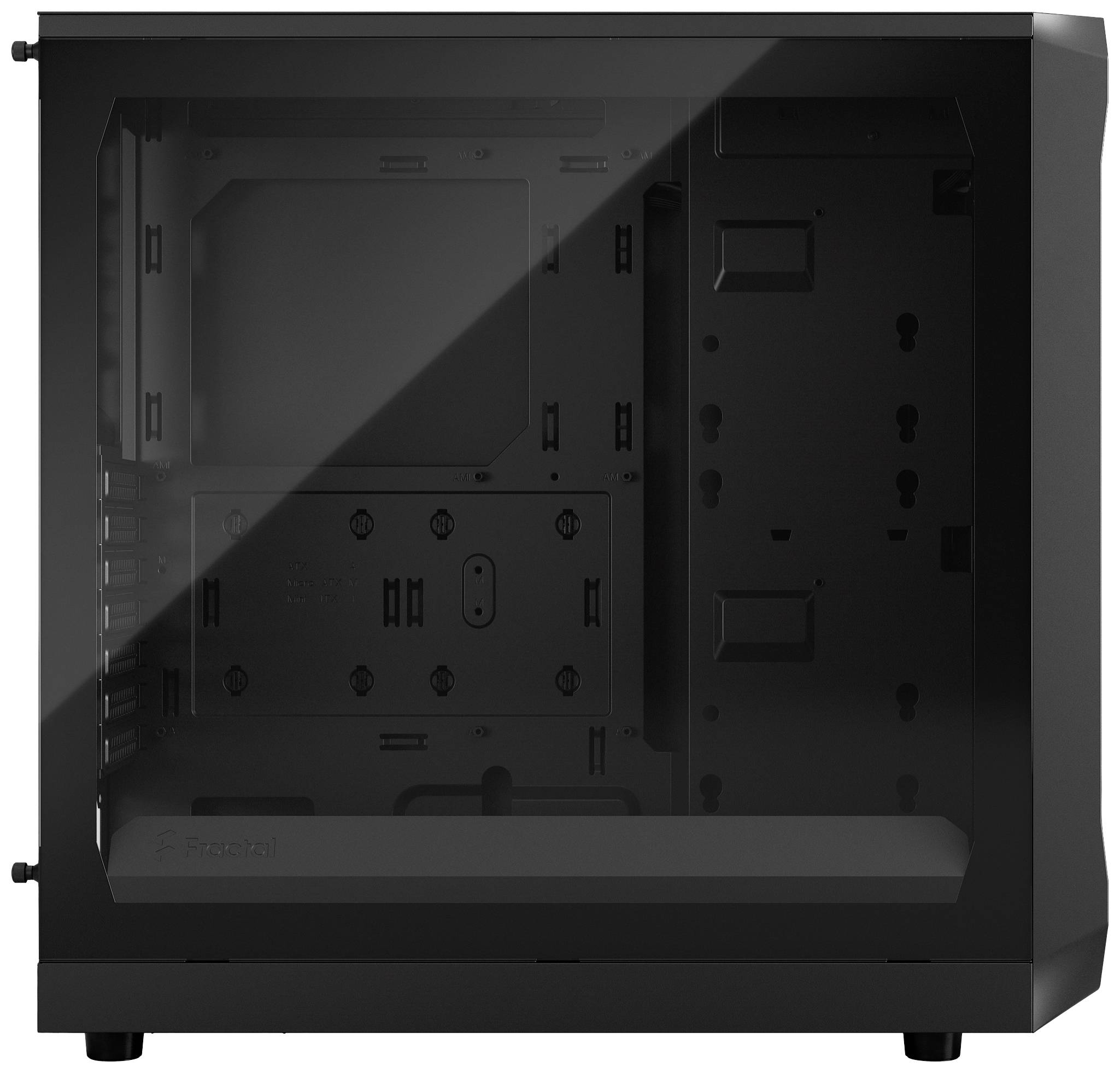 Crno kućište za PC s staklenom bočnom stranicom. Pogodno za ugradnju računalnih komponenti.