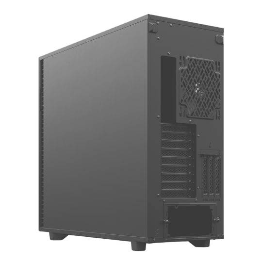 Crno kućište računala s nekoliko ventilacijskih otvora i ugradbenih utora, pogodno za ugradnju PC komponenata.