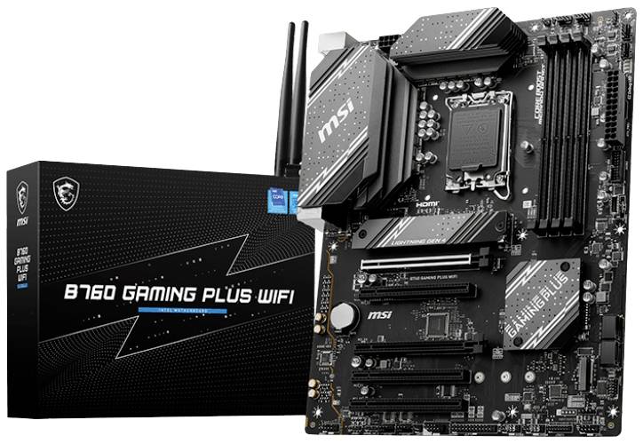 Matična ploča MSI B760 Gaming Plus WiFi pored pakiranja. Crna sa srebrnim naglascima, sadrži više PCI-E utora i hladnjaka.