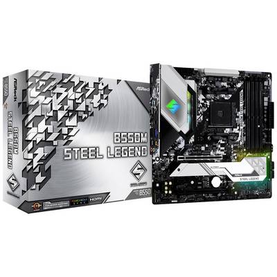 Matična ploča ASRock, model B550M Steel Legend. Prikazuje dizajn sa srebrnim i crnim elementima te RGB osvjetljenjem.