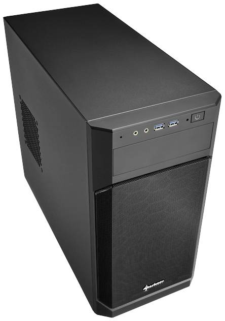 Crno kućište računala s ventilacijskim otvorima sa strane i prednje strane, dva USB priključka i audio priključci na vrhu.