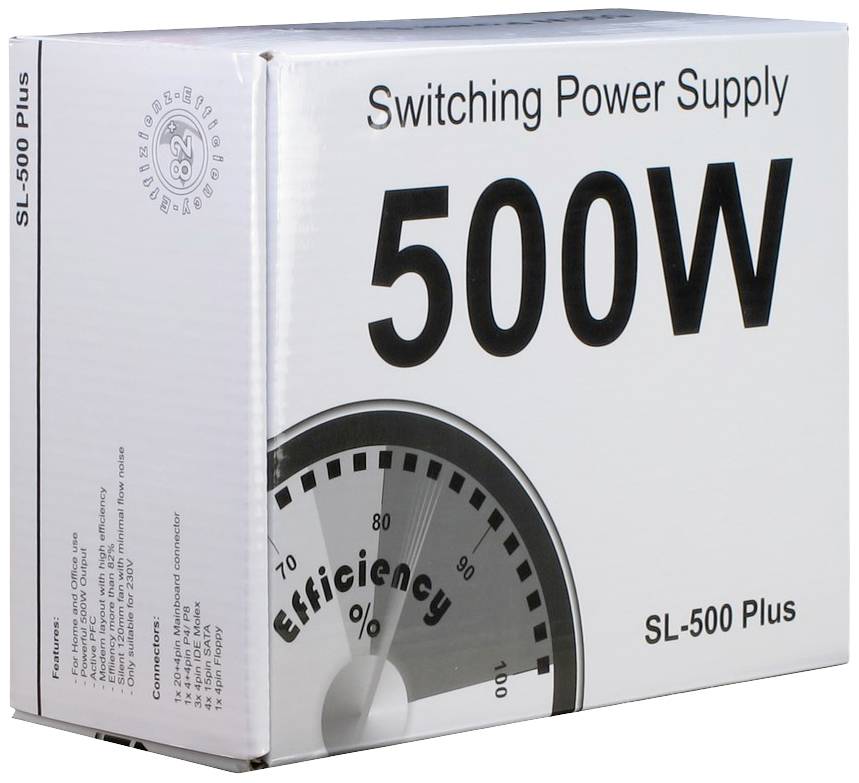 Bijela ambalaža napajanja s natpisom 'Switching Power Supply 500W'. Na slici je dijagram učinkovitosti.