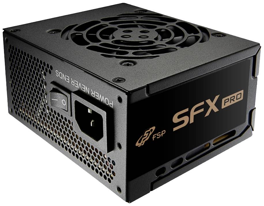 Crno SFX Pro napajanje s ventilatorom i priključcima, pogodno za kompaktne računalne kućišta.