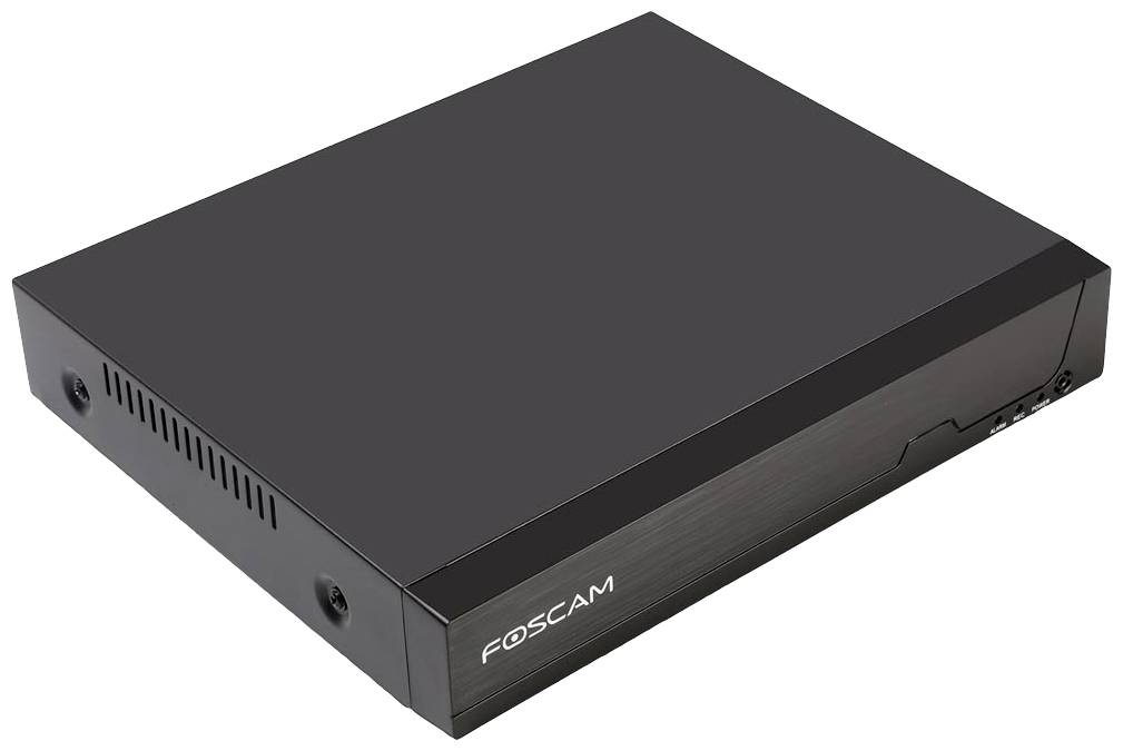 Sigurnosni uređaj 'Foscam' u crnoj kutijastoj formi, vjerojatno DVR ili NVR za video nadzor, vidljiv sa strane i odozgo.