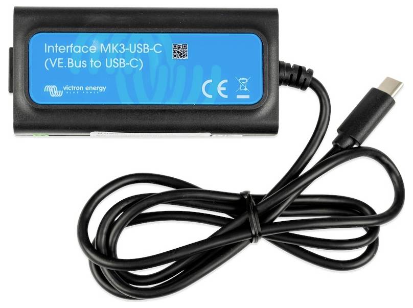 Adapter kabel sučelja MK3-USB-C (VE.Bus do USB-C) s plavom naljepnicom i CE oznakom, od Victron Energyja, s USB-C priključkom.