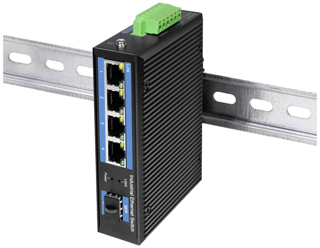 Crni industrijski Ethernet switch s četiri mrežna priključka montiran je na metalnoj šini.