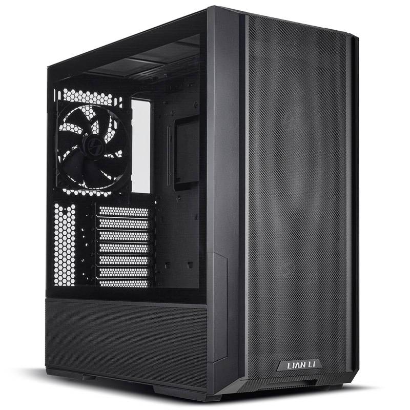 Kućište za računalo Lian Li, crno, s prozirnom bočnom stranom i integriranim ventilatorom, pogodno za ugradnju PC hardvera.