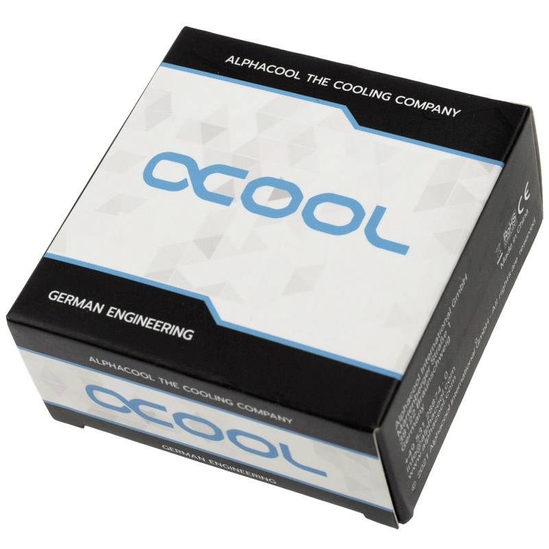Pakiranje računalnog hlađenja s logom 'Alphacool'. Tekst 'Njemačko inženjerstvo' naglašava njemačku inženjersku vještinu.