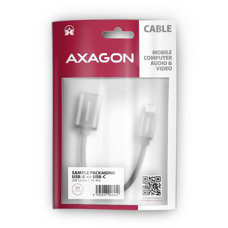 Ambalaža USB kabela marke Axagon s natpisom 'Uzorak ambalaže USB-A na USB-C'. Sadrži QR kod i detalje proizvoda.