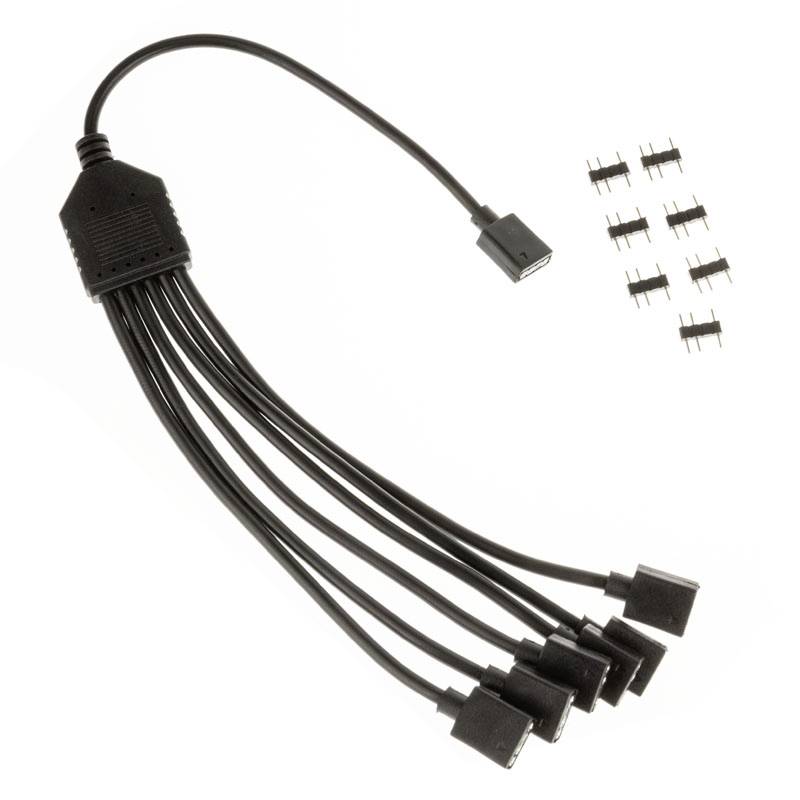 Crni 1-na-8 PWM razdjeljni kabel za ventilatore s osam priključaka, idealan za proširenje priključaka ventilatora u računalu.