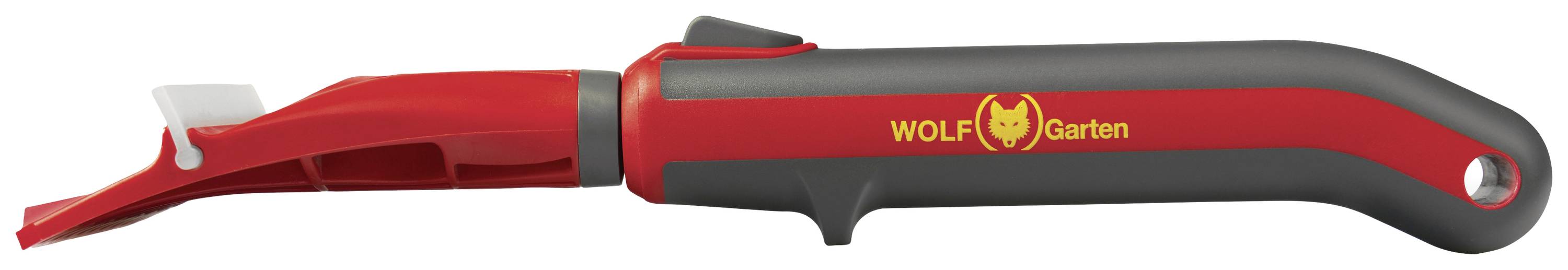 Ručni uređaj u crvenoj i crnoj boji sa žutim logotipom 'WOLF-Garten', ergonomska drška. Vrh alata pogodan za vrtne radove.