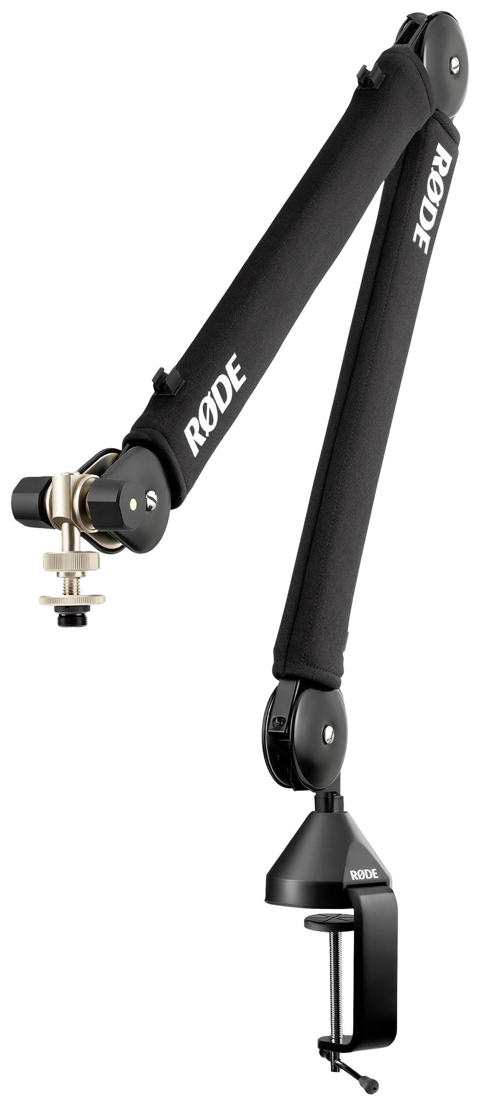 Mikrofon-raspon ruke s RØDE logotipom, crni, za čvrstu montažu na stolu; pokretan za podešavanje položaja mikrofona.