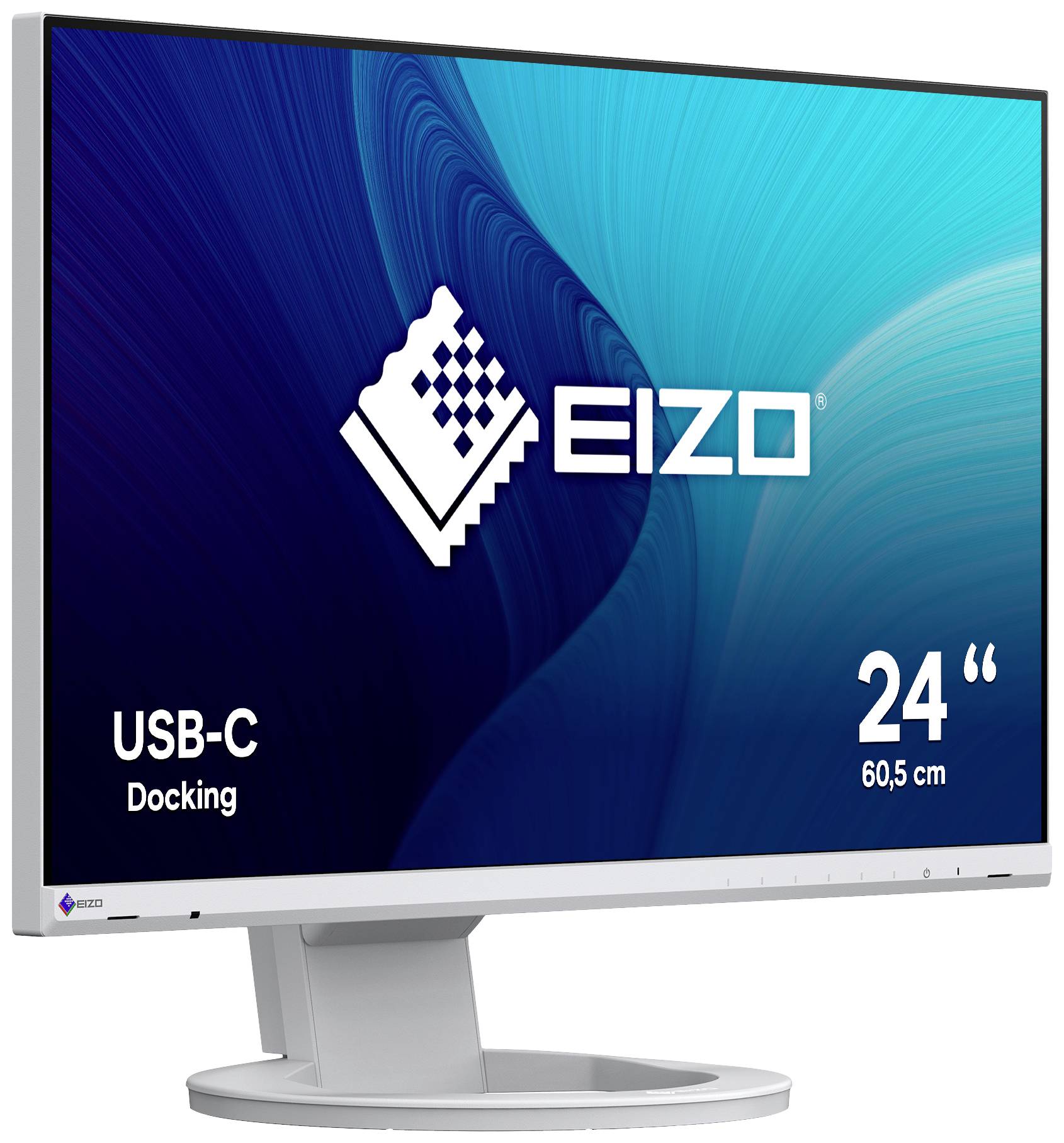 24-inčni monitor EIZO-a s USB-C dokovnom stanicom, prikazan na plavoj valovitoj pozadini.