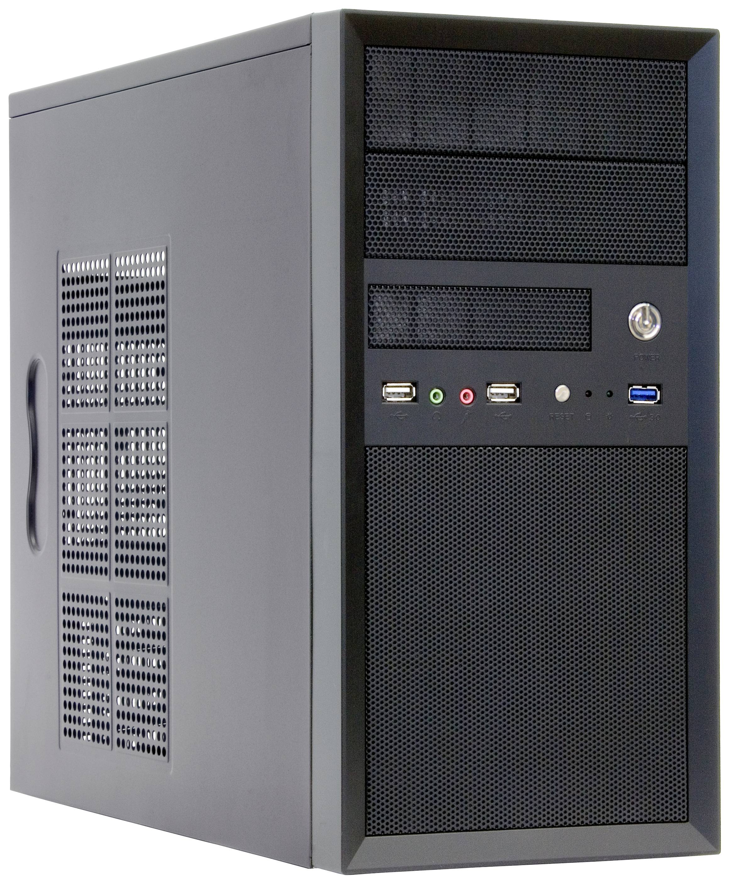 Crni tornjevi PC kućište s ventilacijskim otvorima, nekoliko priključaka na prednjoj strani i mrežnim gumbom za uključivanje.