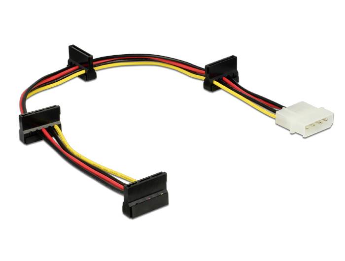Električni kablovi s više utikača, uključujući bijeli 4-polni Molex utikač i tri crna ravna utikača, za distribuciju struje u računalima.