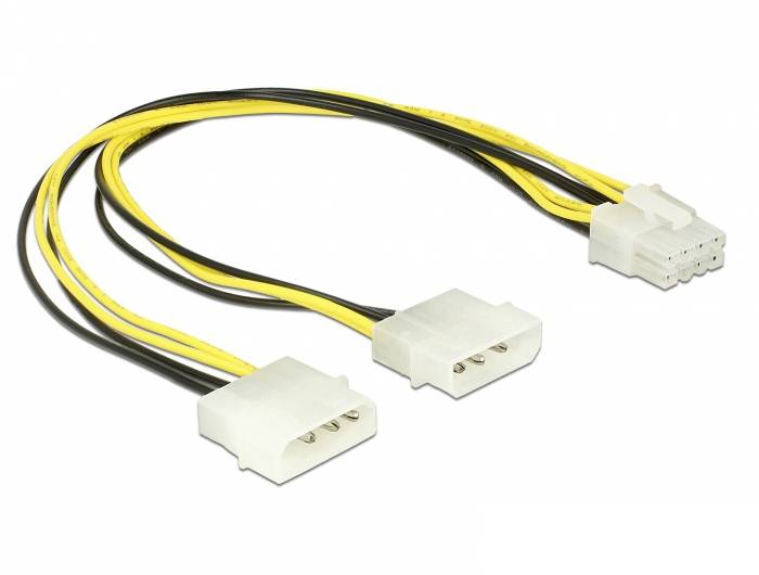 KabelAdapter Dual Molex na 6-Pin PCIe s dva bijela Molex priključka i jednim bijelim 6-Pin priključkom, povezana žutim i crnim kabelima.
