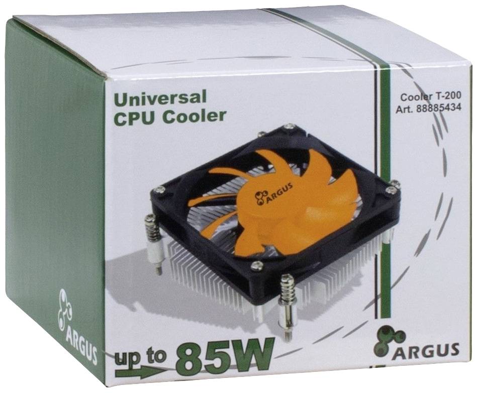 Ambalaža s natpisom 'Univerzalni CPU hladnjak do 85W'. Na njoj je prikazan CPU hladnjak s narančastim ventilatorom.