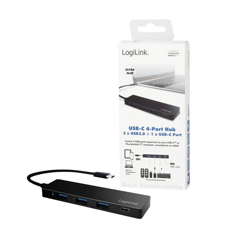 LogiLink USB-C 4-portni hub s 3 USB 3.0 i 1 USB-C priključkom. Pakiranje prikazuje elegantni dizajn, idealan za laptope i tablete.