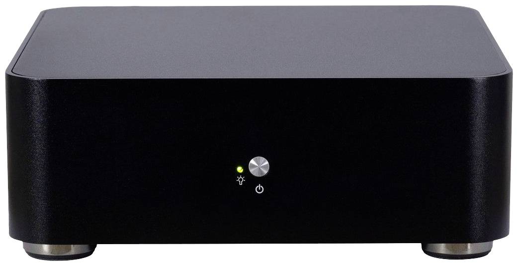 Crni, pravokutni elektronički uređaj s jednom svjetiljkom i mrežnim gumbom za uključivanje/isključivanje na prednjoj strani, koji stoji na srebrnim nogama.