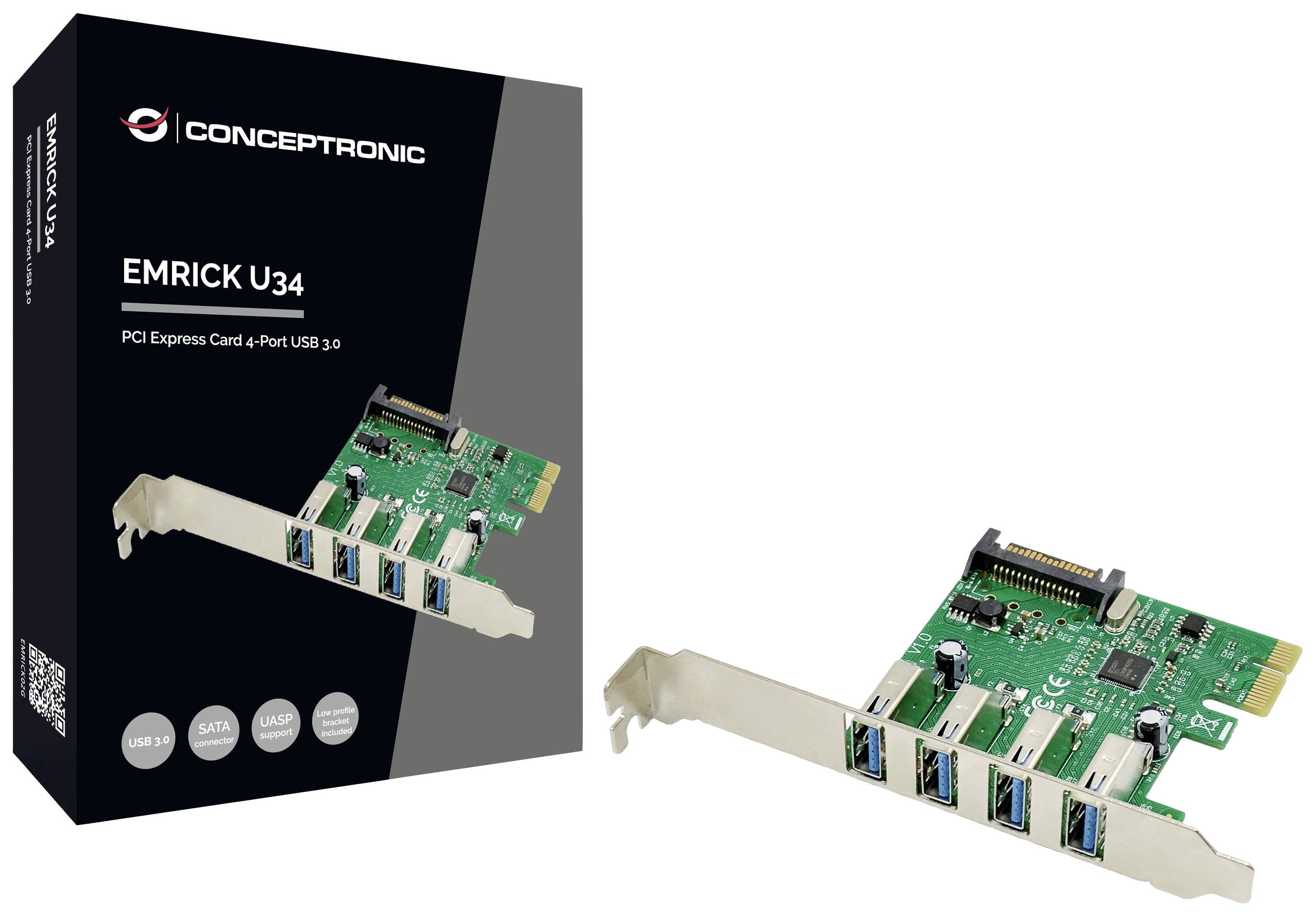 Pokazuje se PCI Express kartica, 'EMRICK U34' tvrtke Conceptronic, s 4 USB 3.0 priključka pored njezine ambalaže.