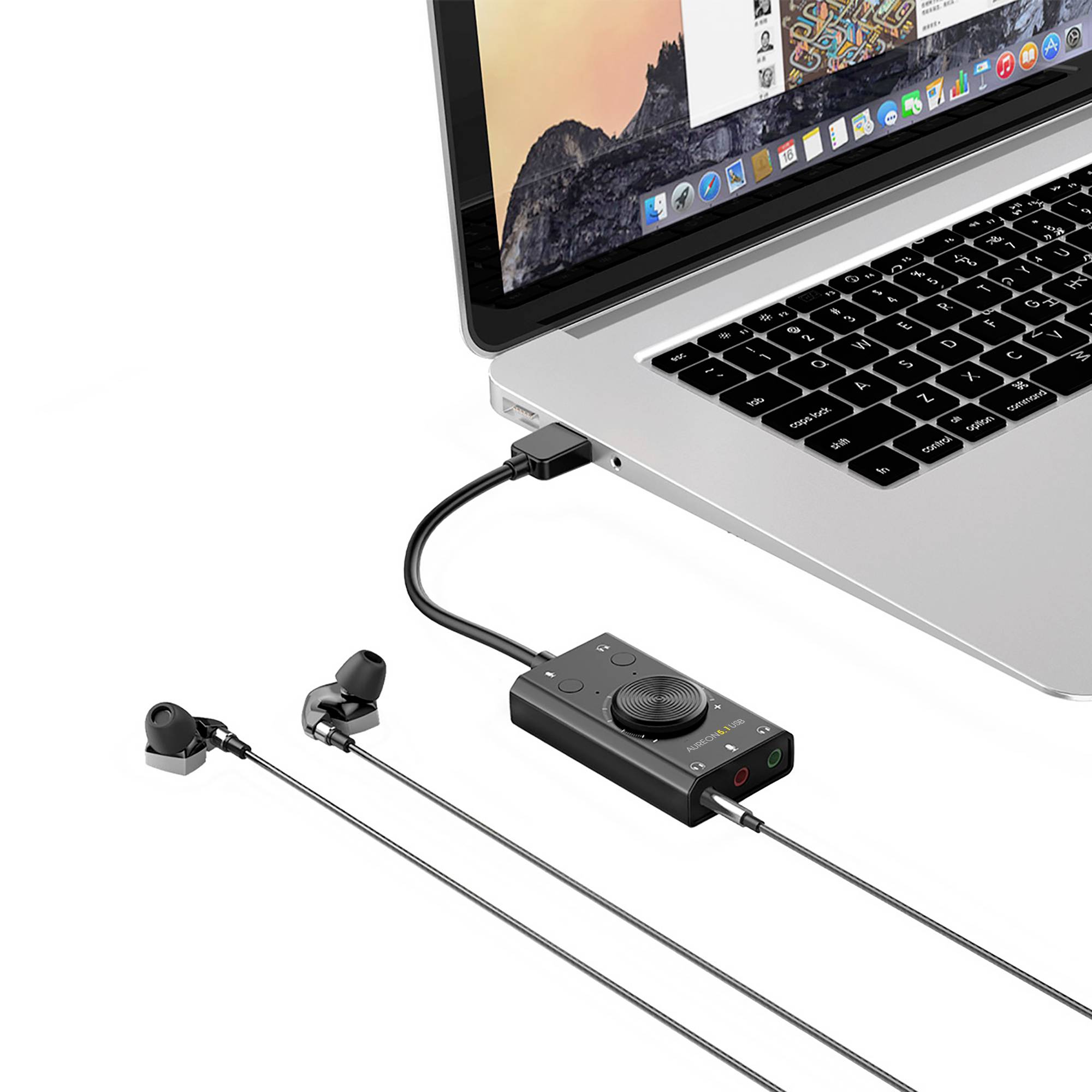 USB audio sučelje s slušalicama, spojeno s prijenosnim računalom. Prijenosno računalo prikazuje prikaz zaslona.