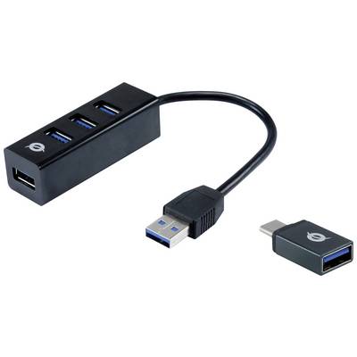 USB hub s četiri USB 3.0 priključka i uklanjivim USB-C adapterom, pogodan za povezivanje više uređaja na jedan računalo.