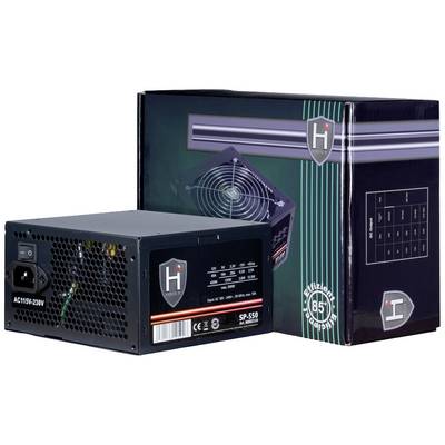 Crno-sivi PC napajanje marke H, model SP-550, ispred njegove ambalaže. Ambalaža prikazuje sličnu grafiku napajanja.