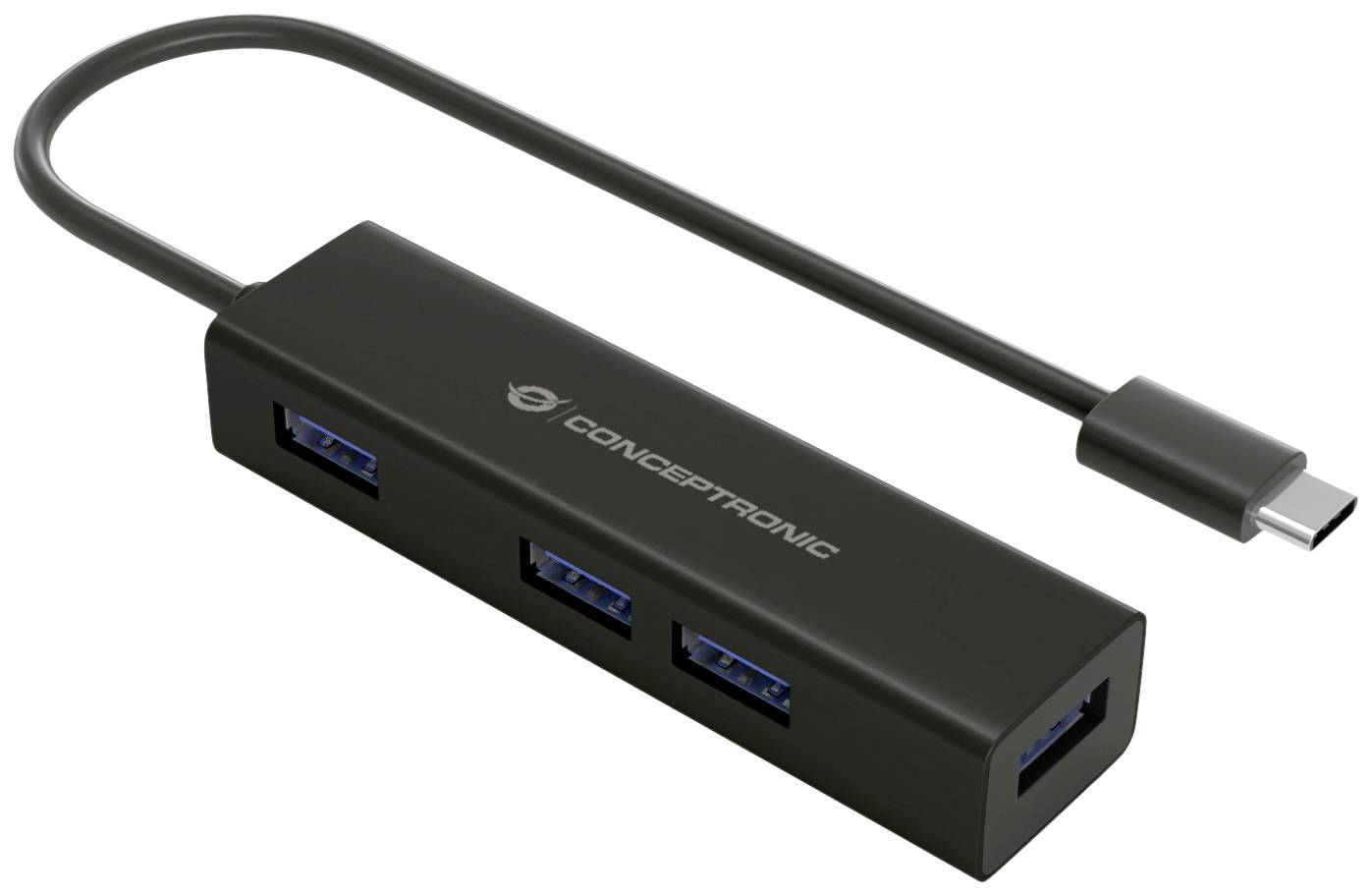 Vanjski USB hub u crnoj boji s četiri USB priključka i USB-C priključnim kabelom. Idealan za proširenje mogućnosti priključivanja.