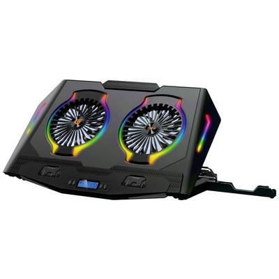 Crni stalak za hlađenje laptopa s dva velika ventilatora i RGB osvjetljenjem. Idealan za hlađenje i stabilizaciju prijenosnih računala.