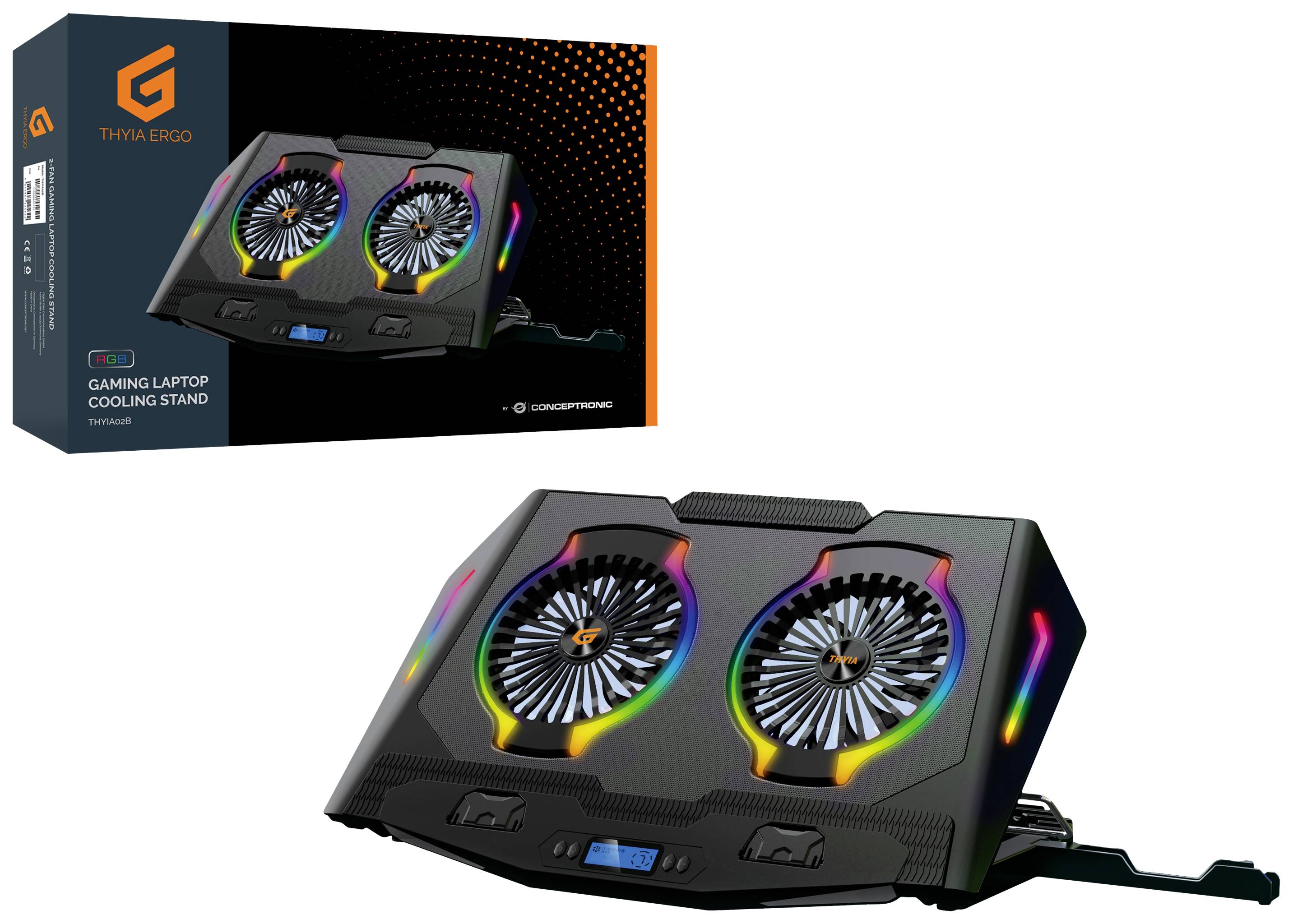 Stalak za hlađenje prijenosnog računala za gaming s ventilatorima i RGB osvjetljenjem. Pakiranja prikazuje sliku proizvoda i logotip marke. Priključak za napajanje je vidljiv.