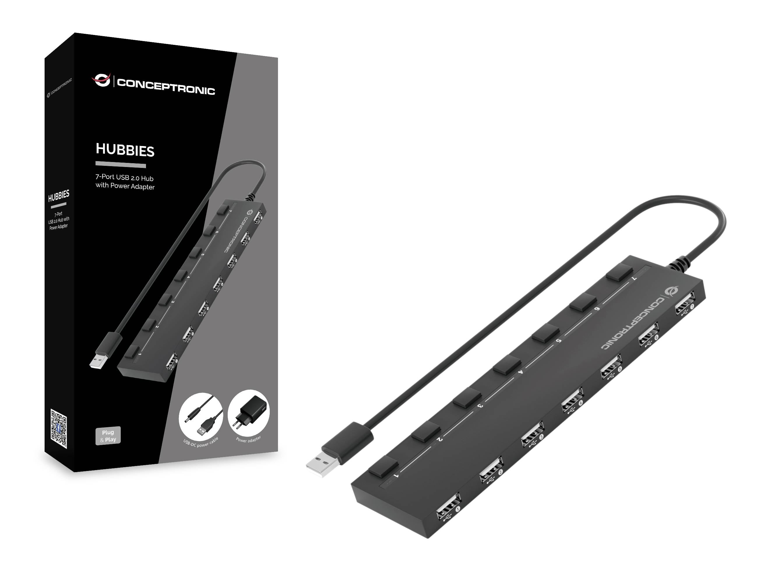 Crni USB hub sa sedam priključaka i jednim napajanjem. Ambalaža prikazuje proizvod i mogućnosti priključivanja.