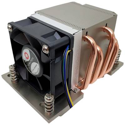Računalni CPU hladnjak od metala s bakrenim toplovodnim cijevima i ventilatorom. Postavljen je na metalnom nosaču s oprugama.