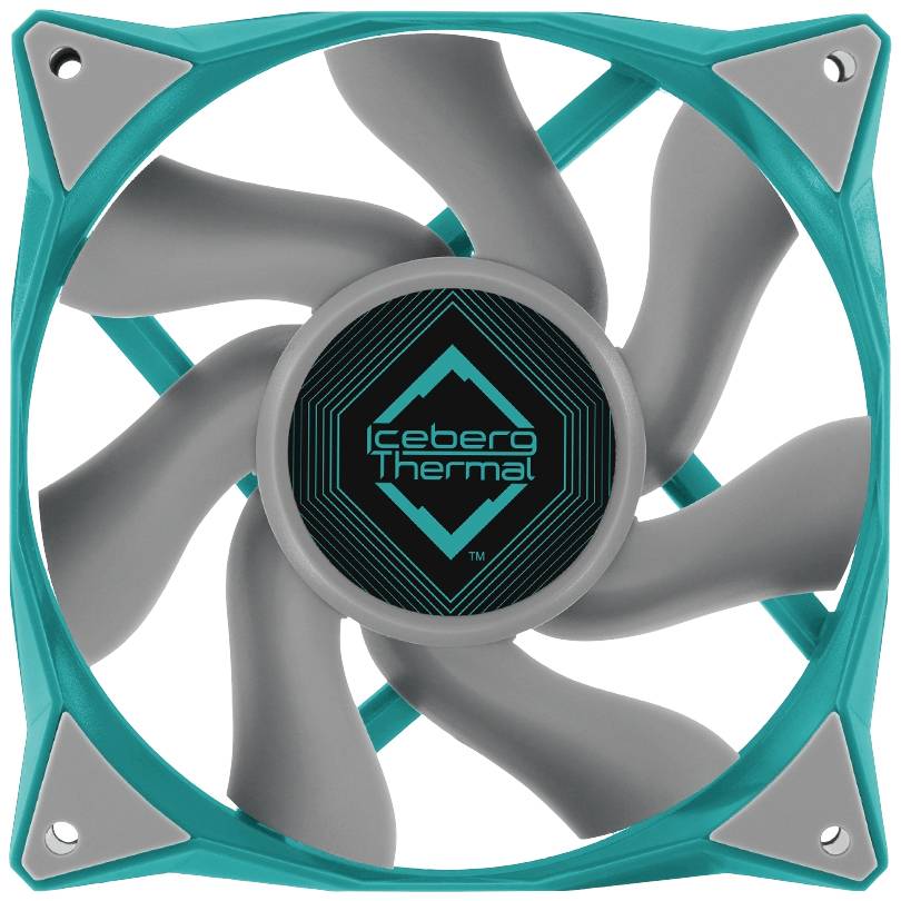 Sivi računalni ventilator s osam lopatica rotora i zelenim okvirom. Logo 'Iceberg Thermal' vidljiv je u sredini.