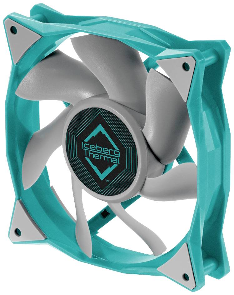Tirkizni računalni ventilator sa sivim krilcima. Na srednjoj poklopnoj ploči piše 'Iceberg Thermal'. Dizajn u modernom stilu.