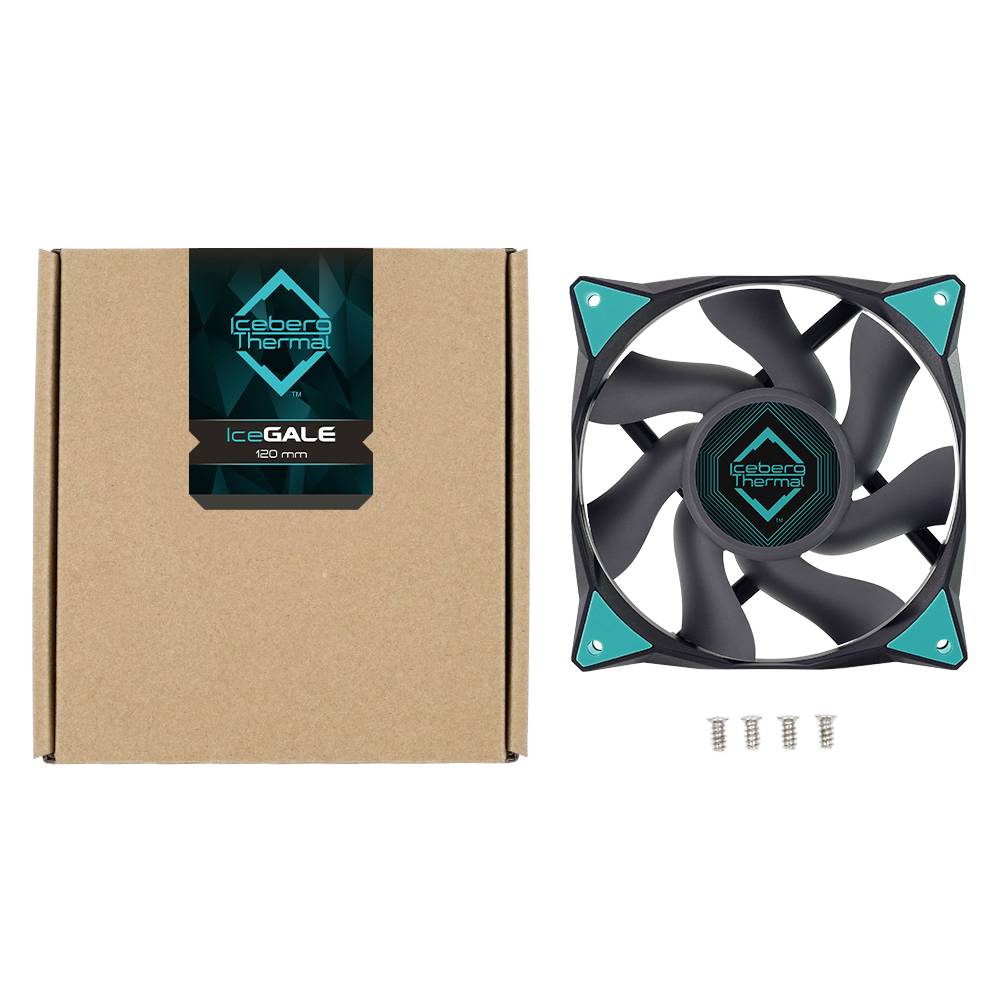 'Iceberg Thermal IceGALE 160 mm' set kućišnog ventilatora, uključujući ventilator, ambalažu i vijke, vidljiv logotip marke.