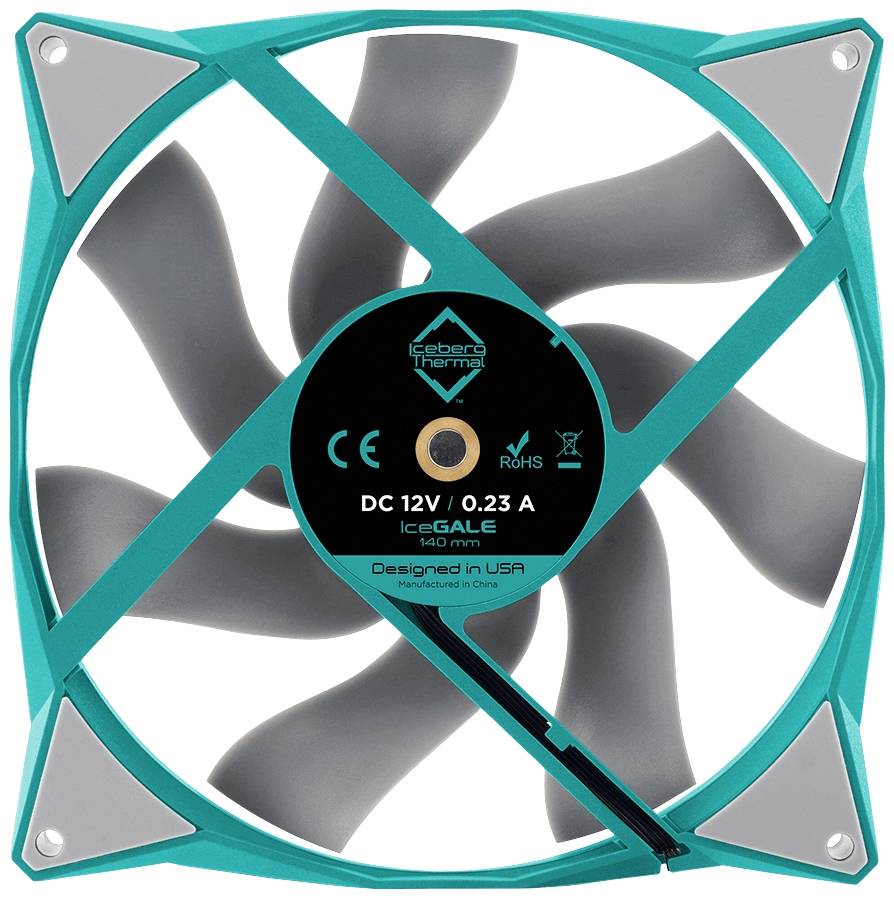 Tirkizni ventilator s crnim krilcima i naljepnicom u sredini. Natpis glasi: 'DC 12V / 0,23 A, IceGALE 140 mm'.
