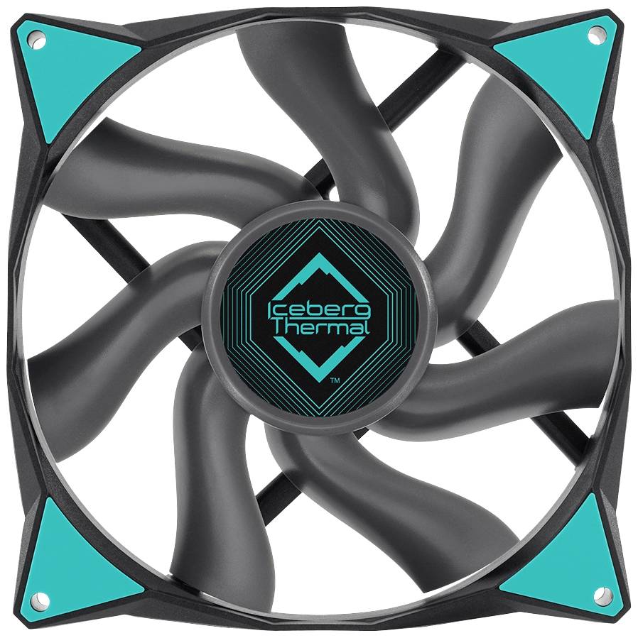 Računalni ventilator s crnim okvirom i crnim lopaticama rotora. U sredini logotip s natpisom 'Iceberg Thermal'.