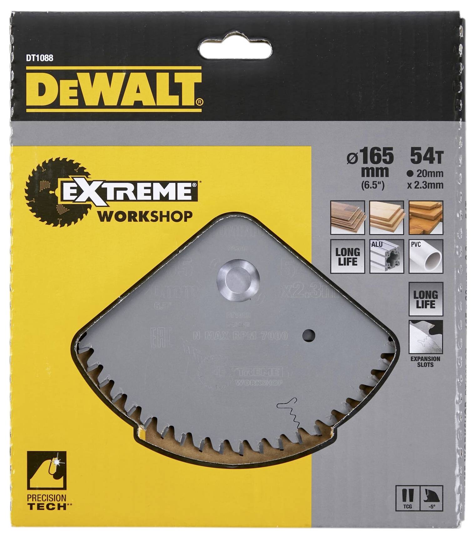 List pile DeWalt Extreme Workshop, promjer 165 mm, 54 zuba, pogodan za drvo, aluminij, dugog vijeka trajanja.