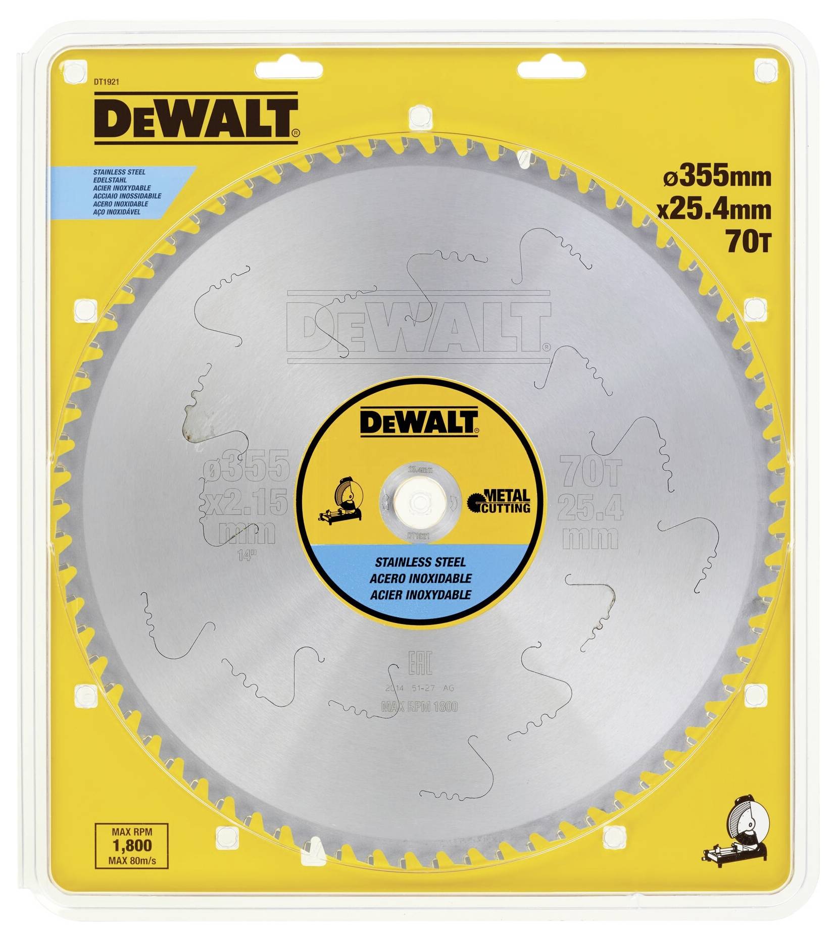 'DeWALT list pile 355 mm, provrta 25,4 mm, 70 zubi, pogodan za nehrđajući čelik. Maks. 1.800 o/min, rezanje metala.'