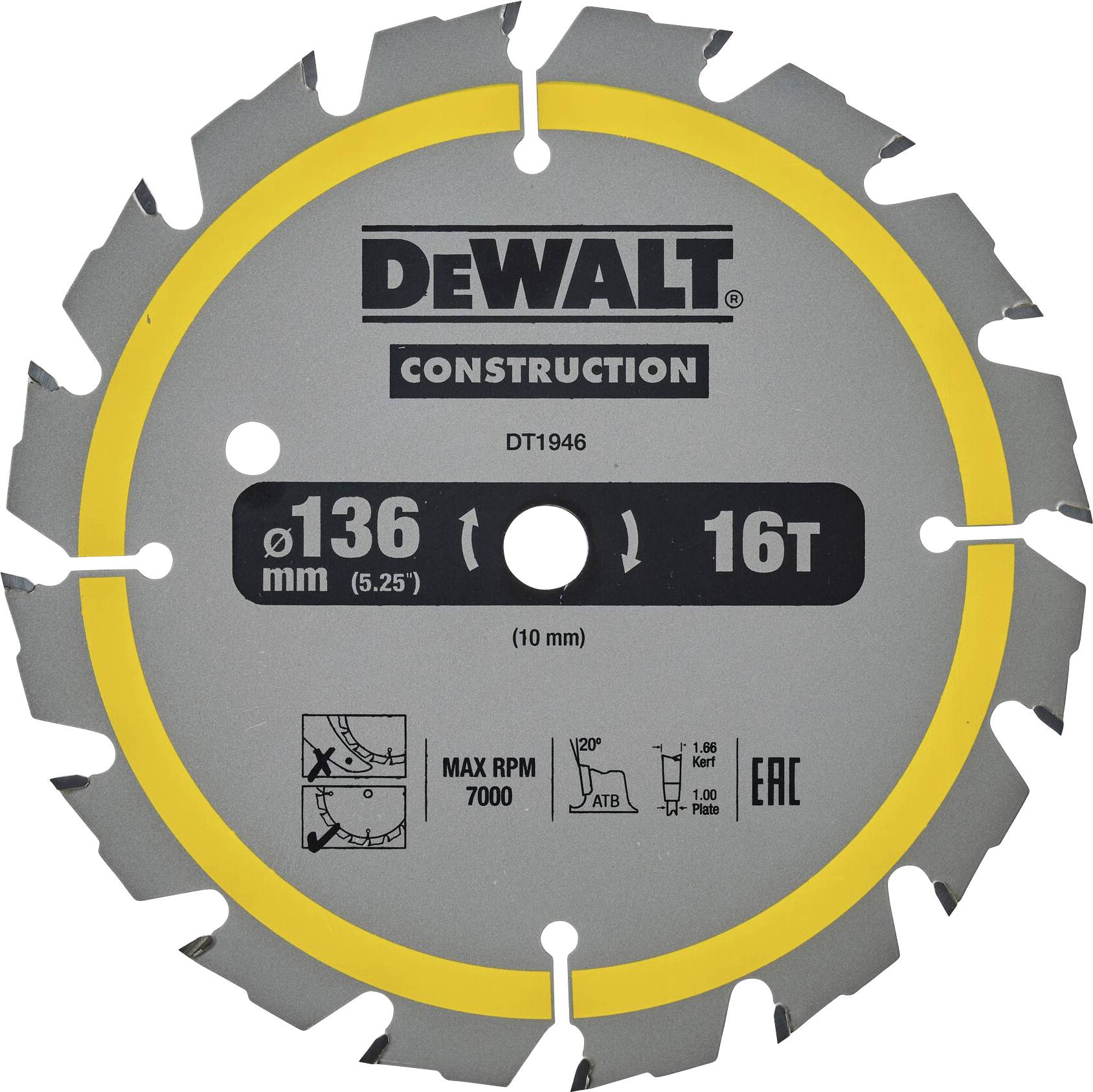 DEWALT kružna pila, model DT1946, promjer 136 mm, 16 zuba, maksimalna brzina vrtnje 7000 o/min, pogodan za obradu drva.