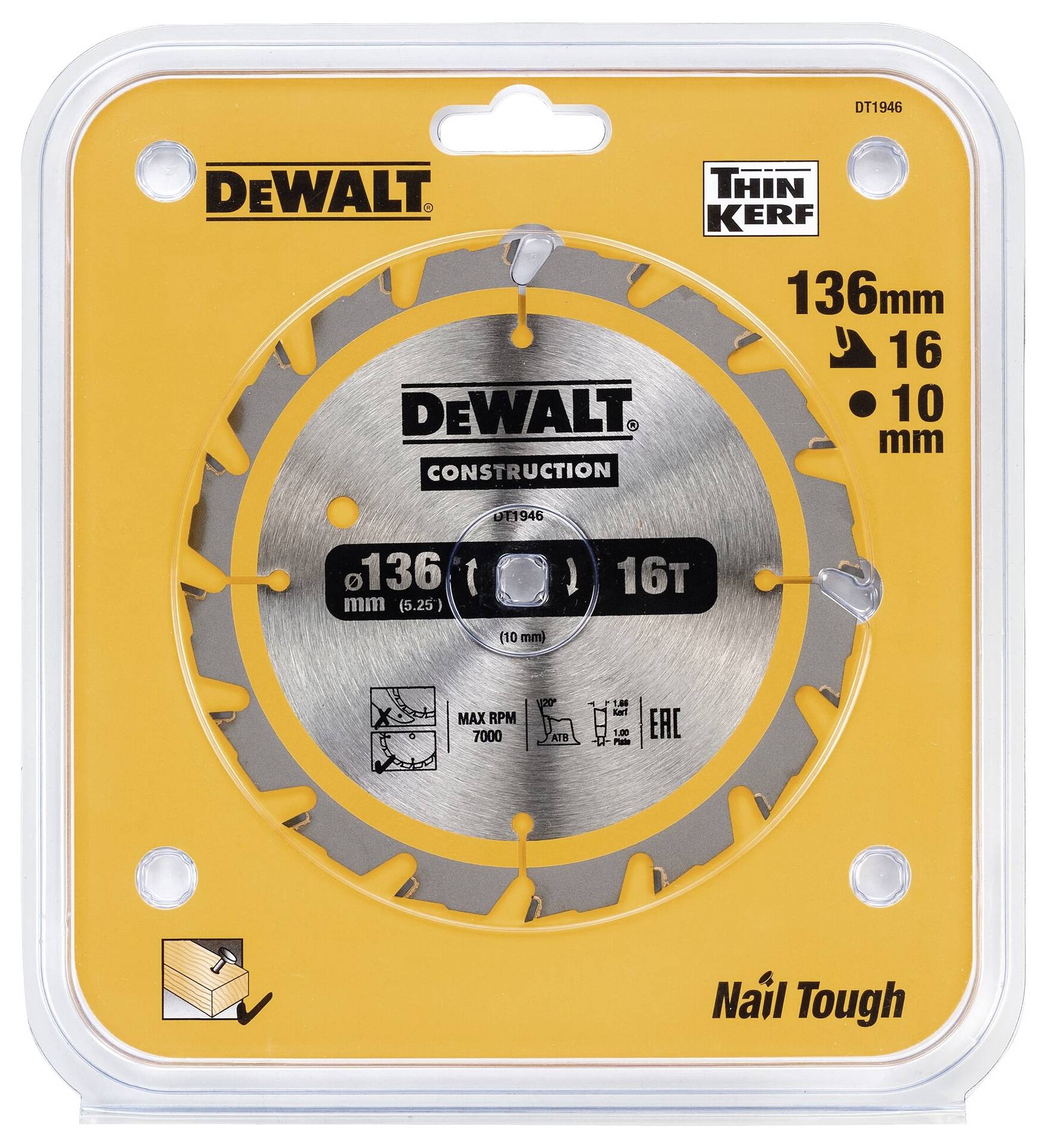 Kružna pila DEWALT, promjer 136 mm, 16 zuba. Pakiranju navodi specifikacije: korištenje do maksimalno 7000 okretaja/min, 'Nail Tough'.