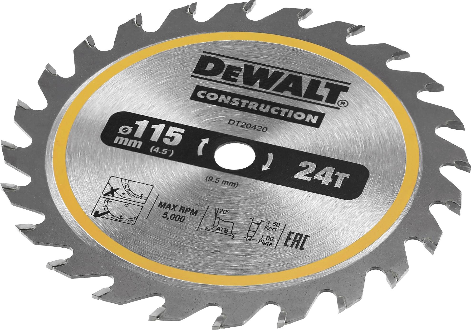 Okrugla pila listom s 24 zuba marke Dewalt. Označena s '115 mm' i '24T'. Pogodna za građevinske radove.