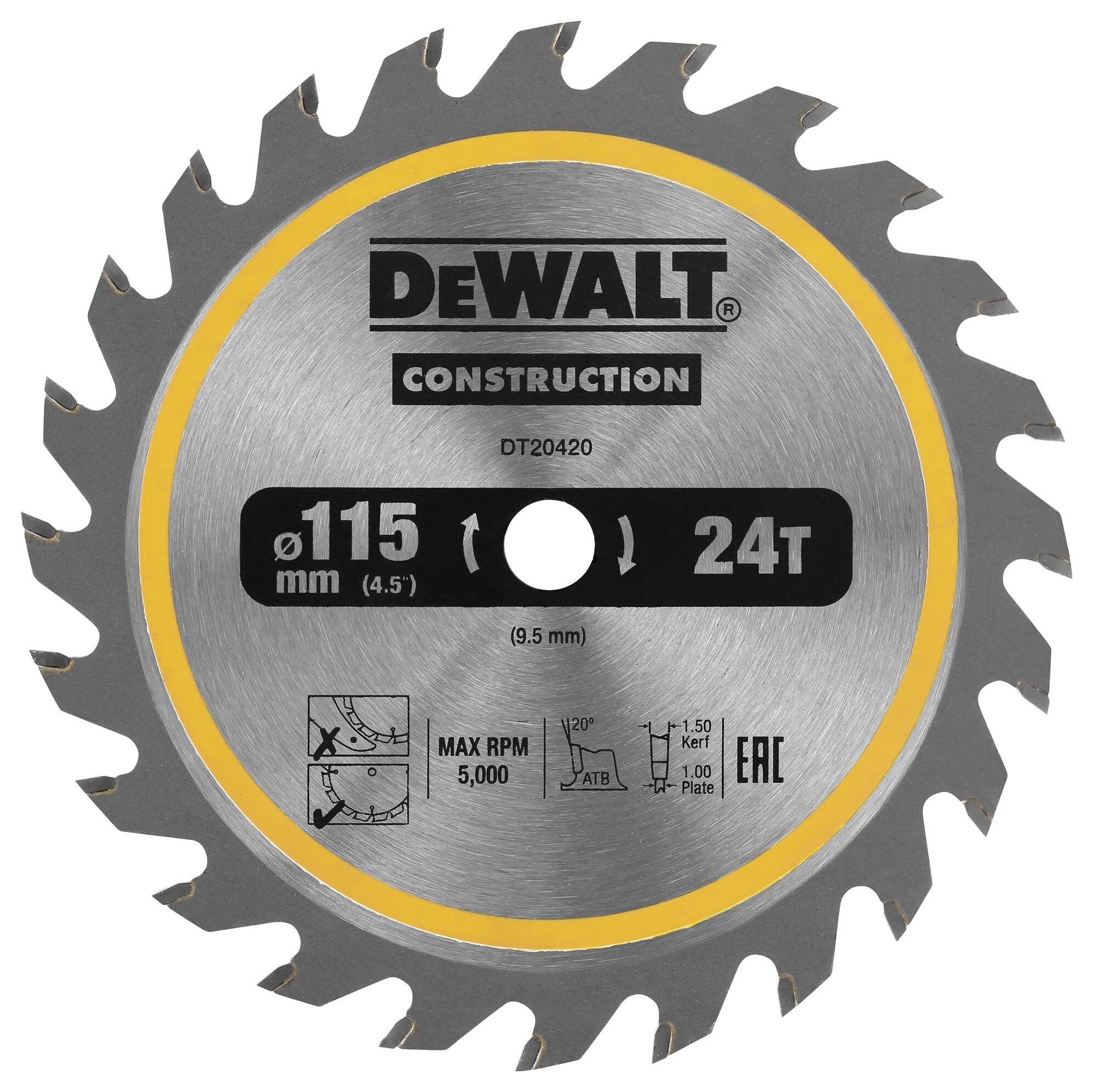 DeWalt kružna pila s listom promjera 115 mm i 24 zuba, pogodan za maksimalno 5.000 okretaja u minuti, prikazuje sigurnosne upute.