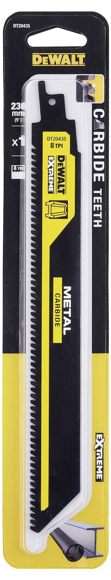 Ambalaža DeWalt pile za rezanje metala u žuto-crnom dizajnu. Namijenjena rezanju metala, list duljine 229 mm, zubi od tvrdog metala.